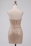 Sparkly Champagne Strapless Bodycon Sequins Corset Short Homecoming Dress with Sash