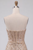 Sparkly Champagne Strapless Bodycon Sequins Corset Short Homecoming Dress with Sash