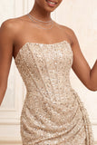 Sparkly Champagne Strapless Bodycon Sequins Corset Short Homecoming Dress with Sash