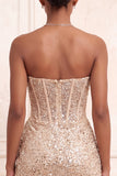 Sparkly Champagne Strapless Bodycon Sequins Corset Short Homecoming Dress with Sash