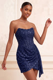 Sparkly Champagne Strapless Bodycon Sequins Corset Short Homecoming Dress with Sash