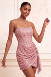Sparkly Champagne Strapless Bodycon Sequins Corset Short Homecoming Dress with Sash