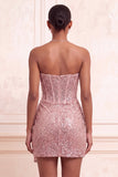 Sparkly Champagne Strapless Bodycon Sequins Corset Short Homecoming Dress with Sash