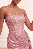 Sparkly Champagne Strapless Bodycon Sequins Corset Short Homecoming Dress with Sash