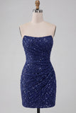 Sparkly Strapless Navy Bodycon Short Sequin Homecoming Dress