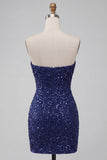 Sparkly Strapless Navy Bodycon Short Sequin Homecoming Dress