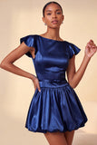 Sky Blue A-Line Satin Bateau Neck Short Homecoming Dress with Cap Sleeves