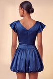 Sky Blue A-Line Satin Bateau Neck Short Homecoming Dress with Cap Sleeves
