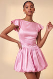 Sky Blue A-Line Satin Bateau Neck Short Homecoming Dress with Cap Sleeves