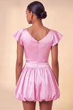Sky Blue A-Line Satin Bateau Neck Short Homecoming Dress with Cap Sleeves