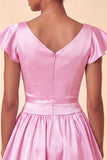 Sky Blue A-Line Satin Bateau Neck Short Homecoming Dress with Cap Sleeves