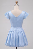 Sky Blue A-Line Satin Bateau Neck Short Homecoming Dress with Cap Sleeves