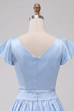 Sky Blue A-Line Satin Bateau Neck Short Homecoming Dress with Cap Sleeves