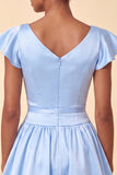 Sky Blue A-Line Satin Bateau Neck Short Homecoming Dress with Cap Sleeves