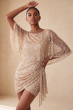 Sparkly Pink Bodycon Round Neck Sequins Ruched Short Homecoming Dress with Sash
