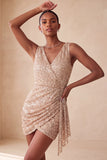 Sparkly Pink Bodycon Round Neck Sequins Ruched Short Homecoming Dress with Sash