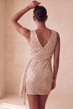 Sparkly Pink Bodycon Round Neck Sequins Ruched Short Homecoming Dress with Sash