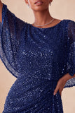Sparkly Pink Bodycon Round Neck Sequins Ruched Short Homecoming Dress with Sash
