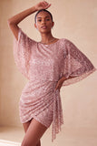Sparkly Pink Bodycon Round Neck Sequins Ruched Short Homecoming Dress with Sash