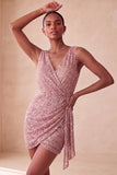 Sparkly Pink Bodycon Round Neck Sequins Ruched Short Homecoming Dress with Sash