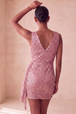 Sparkly Pink Bodycon Round Neck Sequins Ruched Short Homecoming Dress with Sash