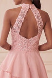 Halter Sky Blue Tiered A-Line Asymmetrical Short Homecoming Dress with Sequins