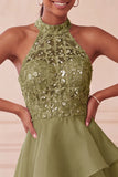 Halter Sky Blue Tiered A-Line Asymmetrical Short Homecoming Dress with Sequins