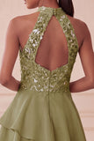 Halter Sky Blue Tiered A-Line Asymmetrical Short Homecoming Dress with Sequins