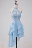 Halter Sky Blue Tiered A-Line Asymmetrical Short Homecoming Dress with Sequins