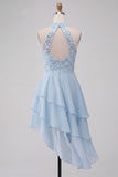 Halter Sky Blue Tiered A-Line Asymmetrical Short Homecoming Dress with Sequins