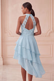 Halter Sky Blue Tiered A-Line Asymmetrical Short Homecoming Dress with Sequins