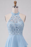 Halter Sky Blue Tiered A-Line Asymmetrical Short Homecoming Dress with Sequins