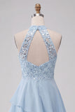 Halter Sky Blue Tiered A-Line Asymmetrical Short Homecoming Dress with Sequins