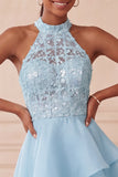 Halter Sky Blue Tiered A-Line Asymmetrical Short Homecoming Dress with Sequins