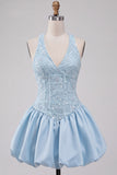 Sky Blue A-Line V-Neck Short Homecoming Dress