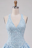 Sky Blue A-Line V-Neck Short Homecoming Dress
