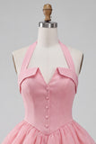 Pink Halter Neck Ruffled A-Line Short Homecoming Dress
