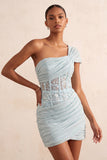 One Shoulder Olive Sheer Corset Ruched Short Homecoming Dress with Lace Up Back
