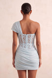 One Shoulder Olive Sheer Corset Ruched Short Homecoming Dress with Lace Up Back
