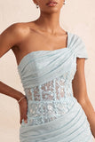 One Shoulder Olive Sheer Corset Ruched Short Homecoming Dress with Lace Up Back