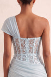 One Shoulder Olive Sheer Corset Ruched Short Homecoming Dress with Lace Up Back