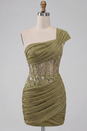 One Shoulder Olive Sheer Corset Ruched Short Homecoming Dress with Lace Up Back
