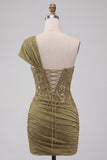 One Shoulder Olive Sheer Corset Ruched Short Homecoming Dress with Lace Up Back