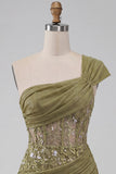 One Shoulder Olive Sheer Corset Ruched Short Homecoming Dress with Lace Up Back