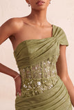 One Shoulder Olive Sheer Corset Ruched Short Homecoming Dress with Lace Up Back