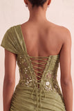 One Shoulder Olive Sheer Corset Ruched Short Homecoming Dress with Lace Up Back