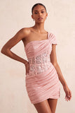One Shoulder Olive Sheer Corset Ruched Short Homecoming Dress with Lace Up Back
