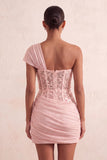 One Shoulder Olive Sheer Corset Ruched Short Homecoming Dress with Lace Up Back