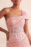 One Shoulder Olive Sheer Corset Ruched Short Homecoming Dress with Lace Up Back