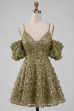 Olive Cold Shoulder Sequins A-Line Short Homecoming Dress with Lace Up Back